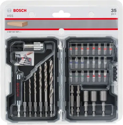 Conjunto de brocas e pontas de parafusadeira HSS Bosch com 35 peças.